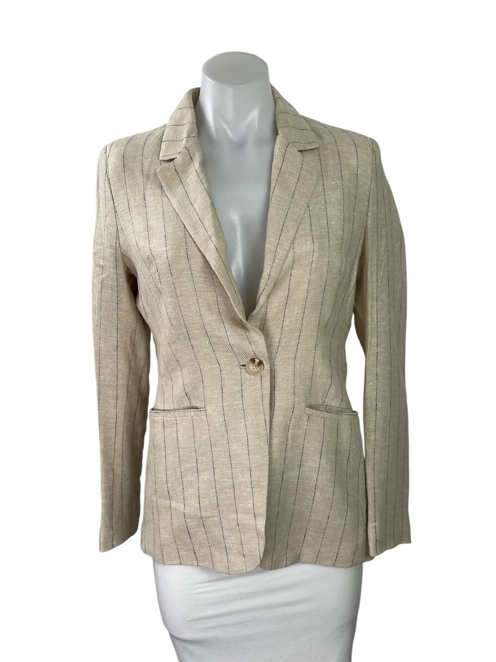 Jules & Leopold Womens Beige Linen Striped Notch Lapel Blazer Coat Jacket Size S